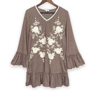 Anthropologie Entro Tunic Blouse Women Size M Brown Embroidery Lace Ruffled‎